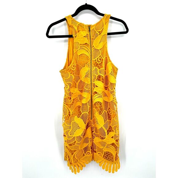 LOVERS + FRIENDS Yellow Marigold Floral Lace Scalloped Caspian Mini Dress Medium - Picture 5 of 10